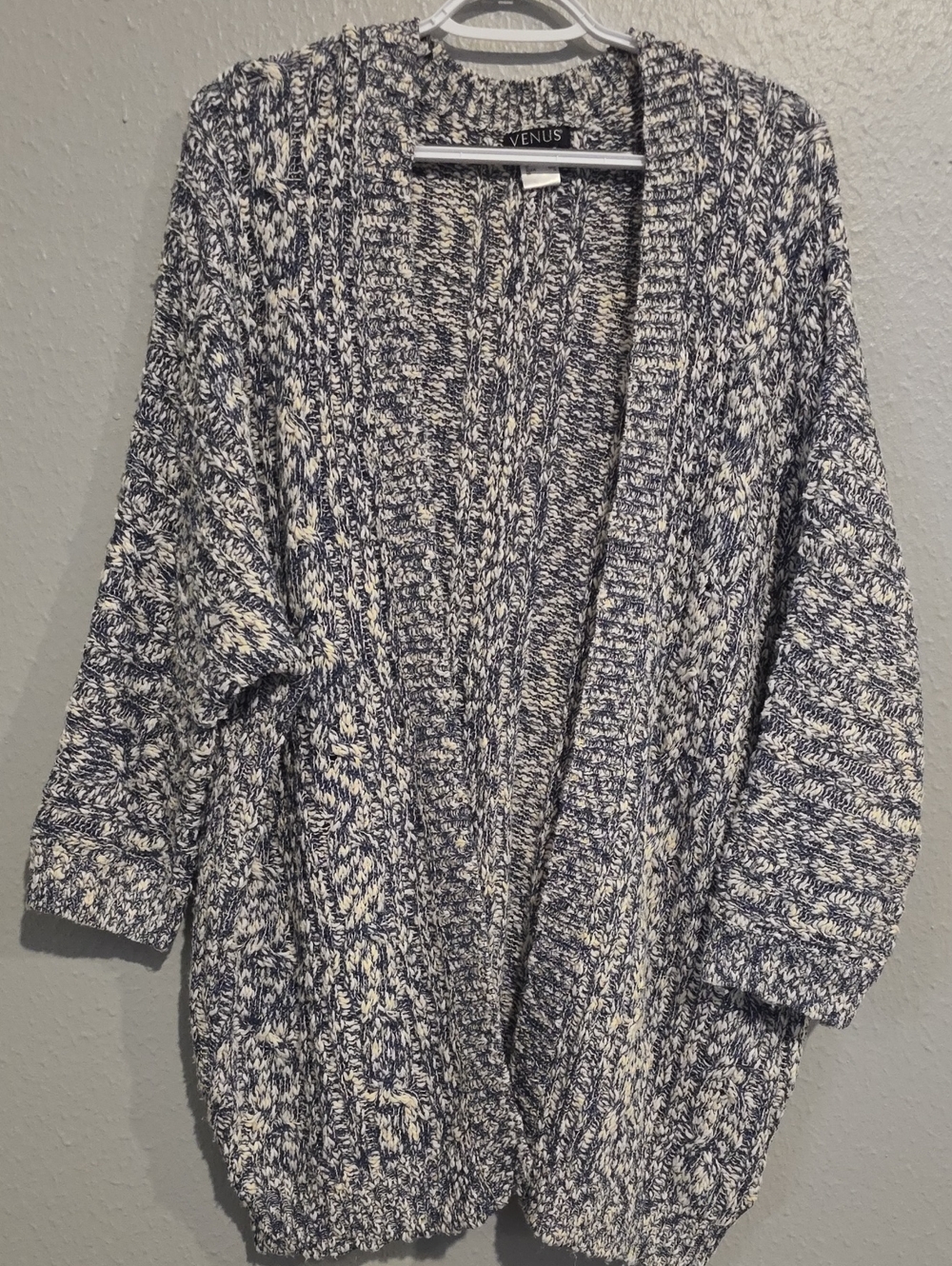 VENUS Navy and Cream Marled Open-Front Cardigan